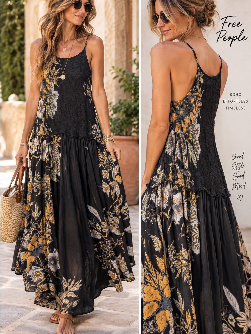 Free People Black Floral Smocked Boho Maxi Dress S